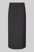 A black, straight maxi skirt with a concealed zip, hook and button fastening at the front, side pockets, and a deep slit at the back.
