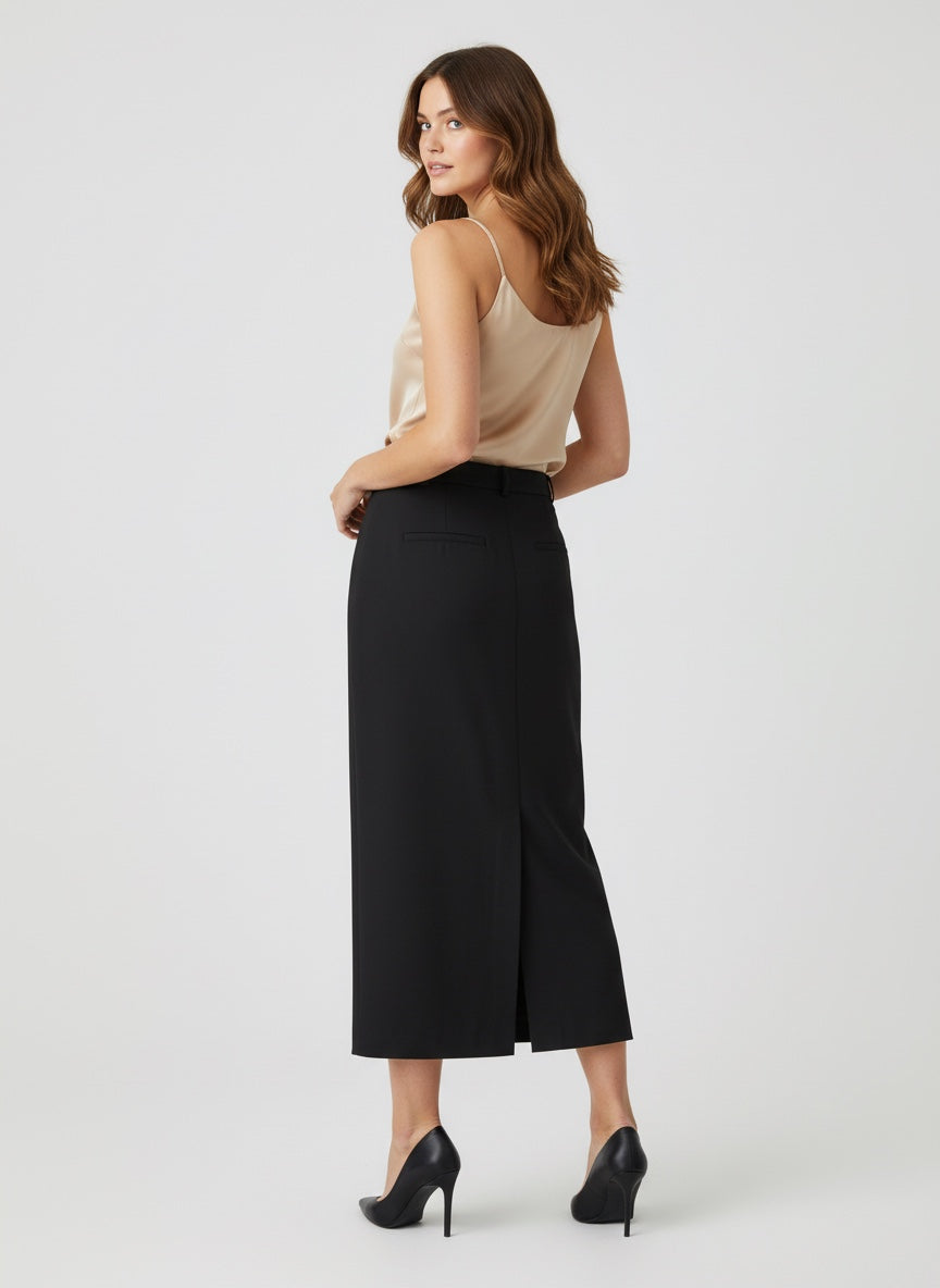 Woman wearing a beige top and black wide-leg pants on a white background