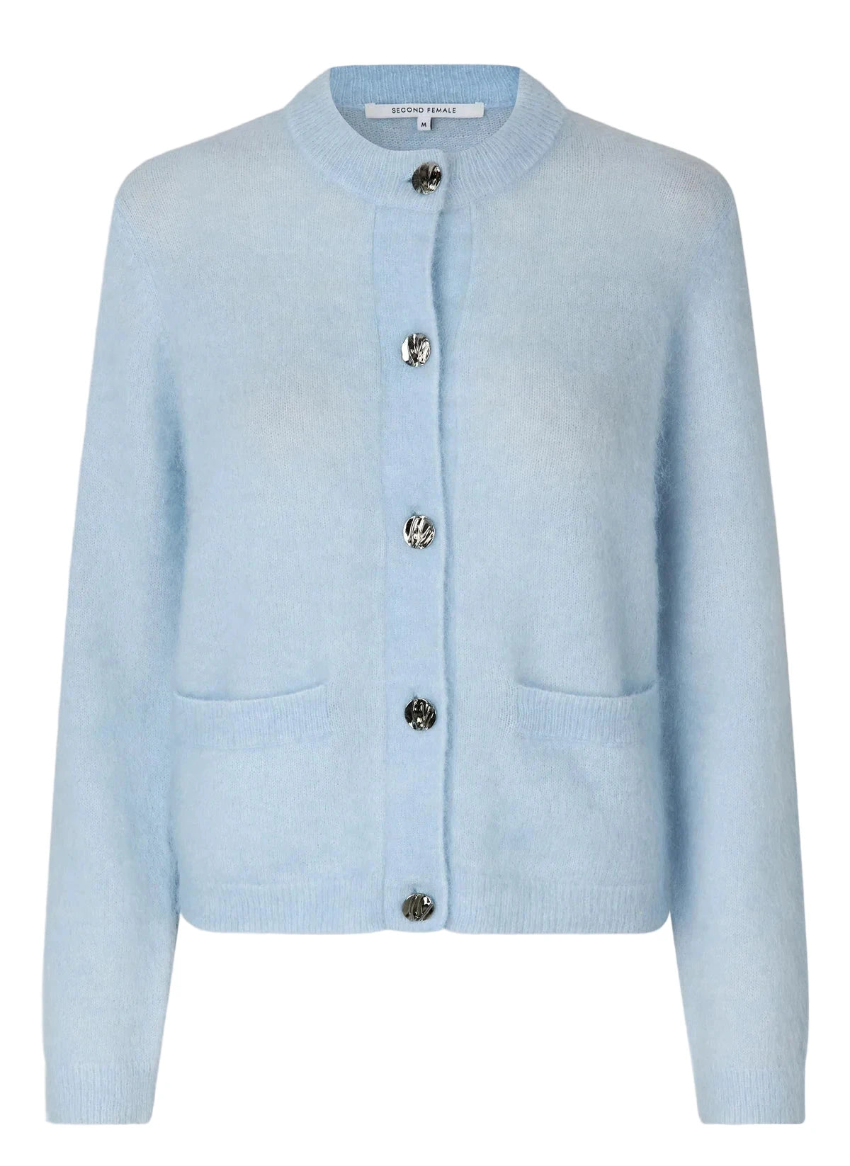 Light blue cardigan with button details on a light gray background