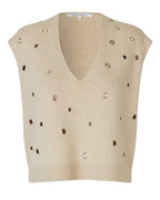 Beige sleeveless sweater vest with decorative buttons on a light gray background