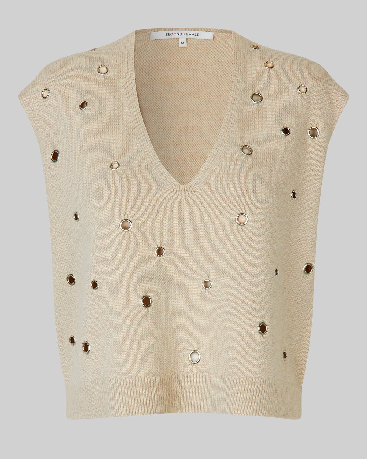 Beige sleeveless sweater vest with decorative buttons on a light gray background
