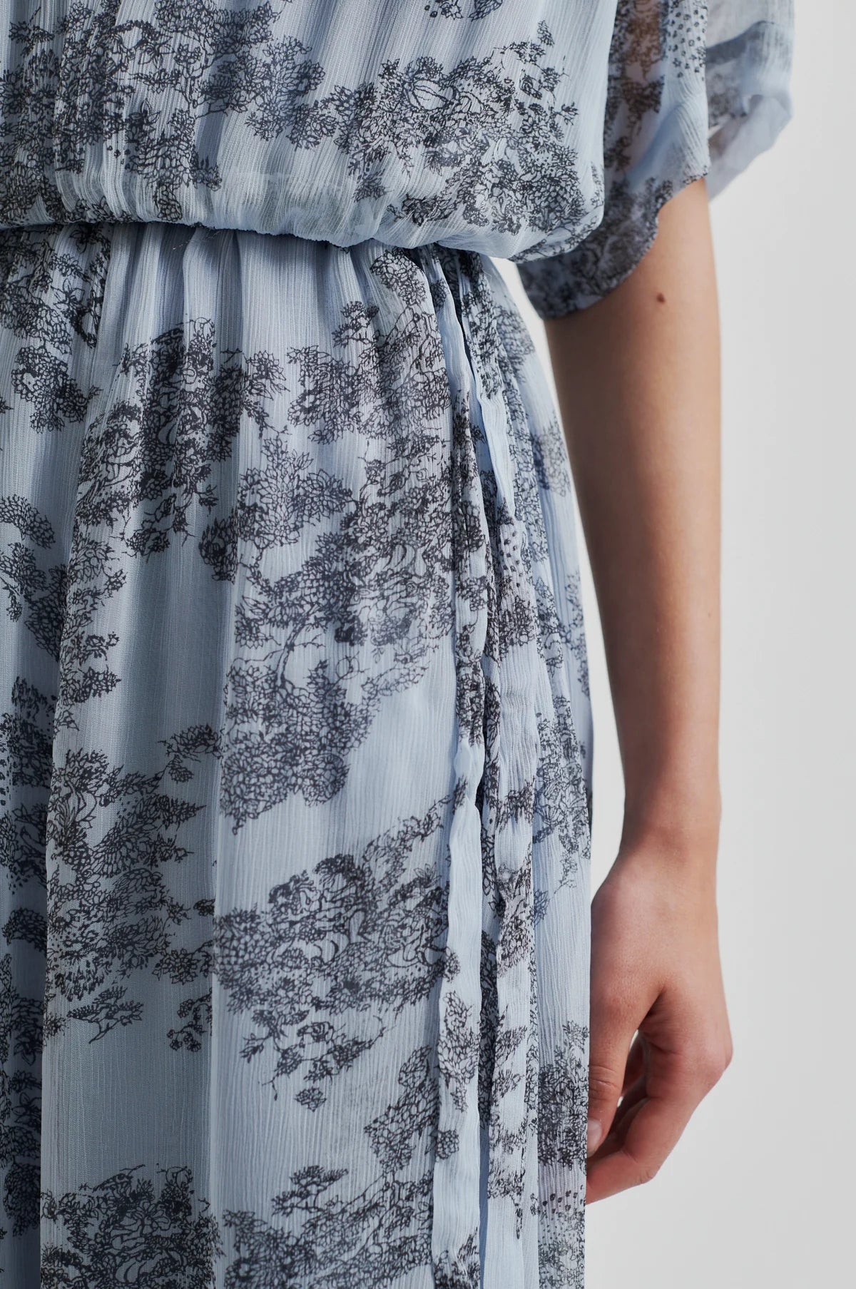 Close-up of a light blue floral dress with a white background
