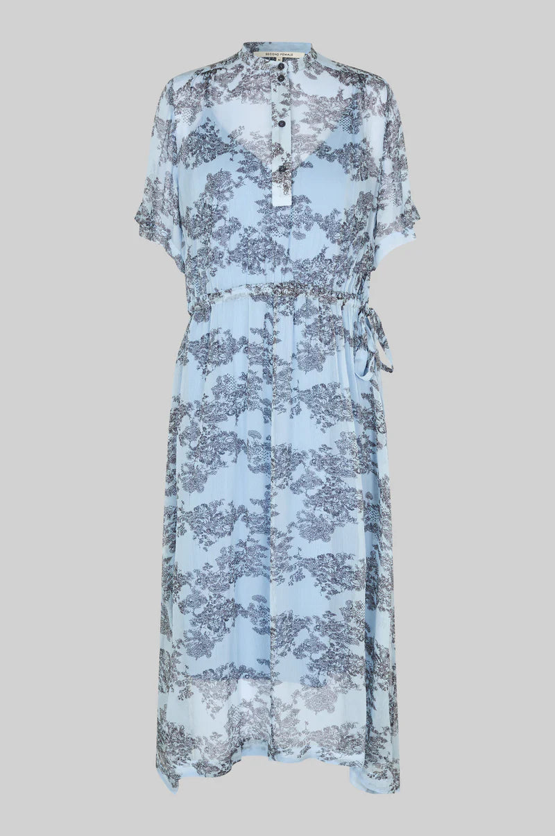 second female. Maje,Blue floral dress on a light gray background.shop online 