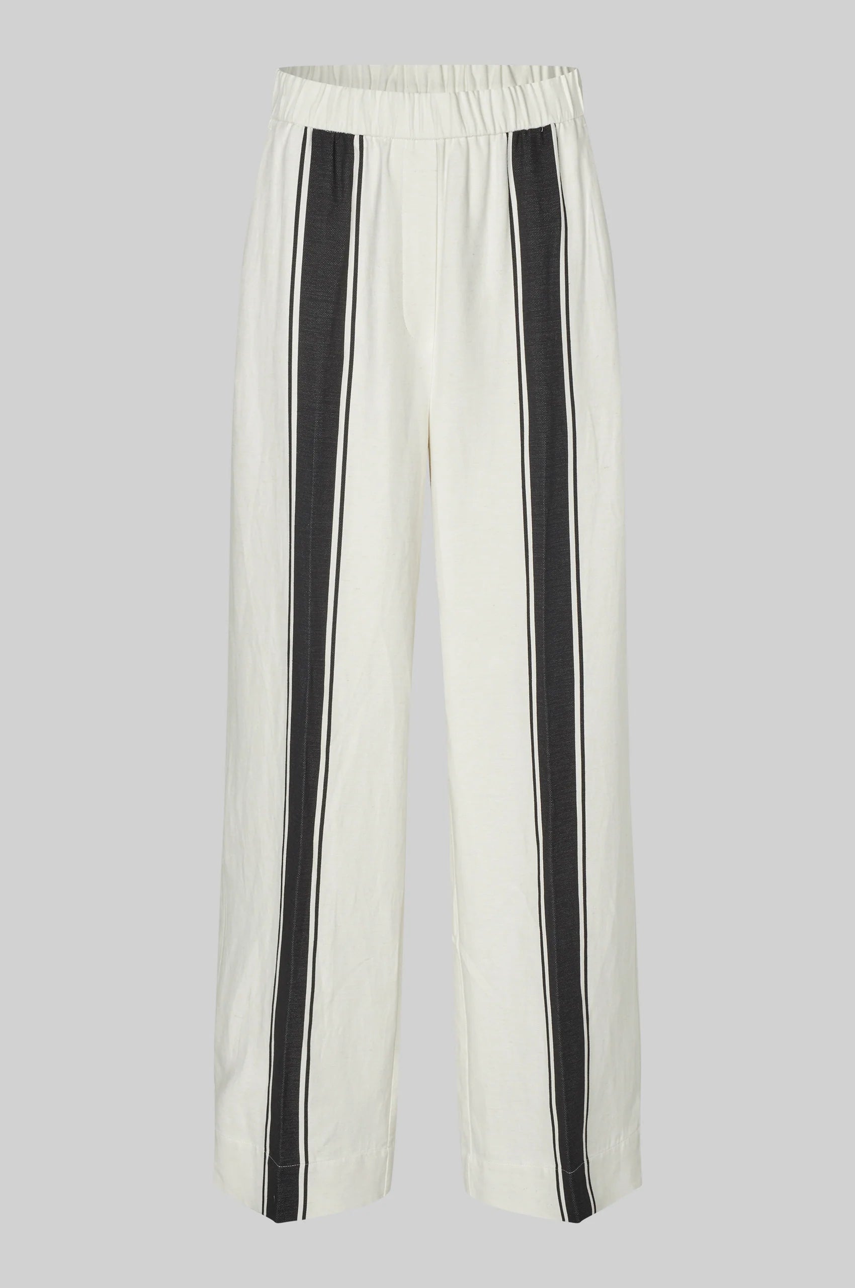 White pants with black stripes on a light gray background