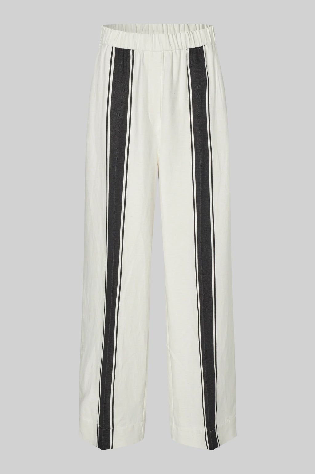 White pants with black stripes on a light gray background