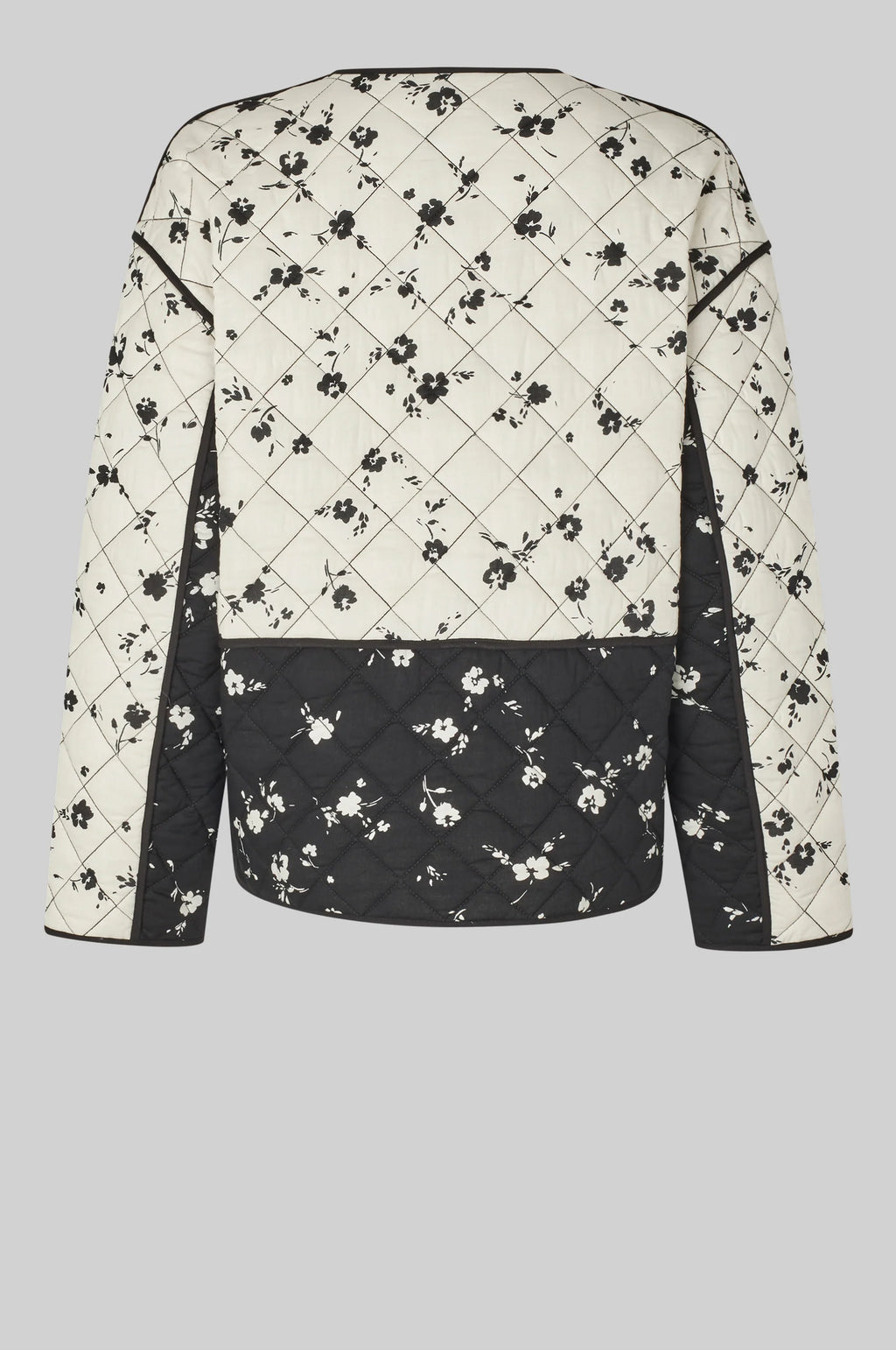 Quilted jacket with black floral pattern on a gray background