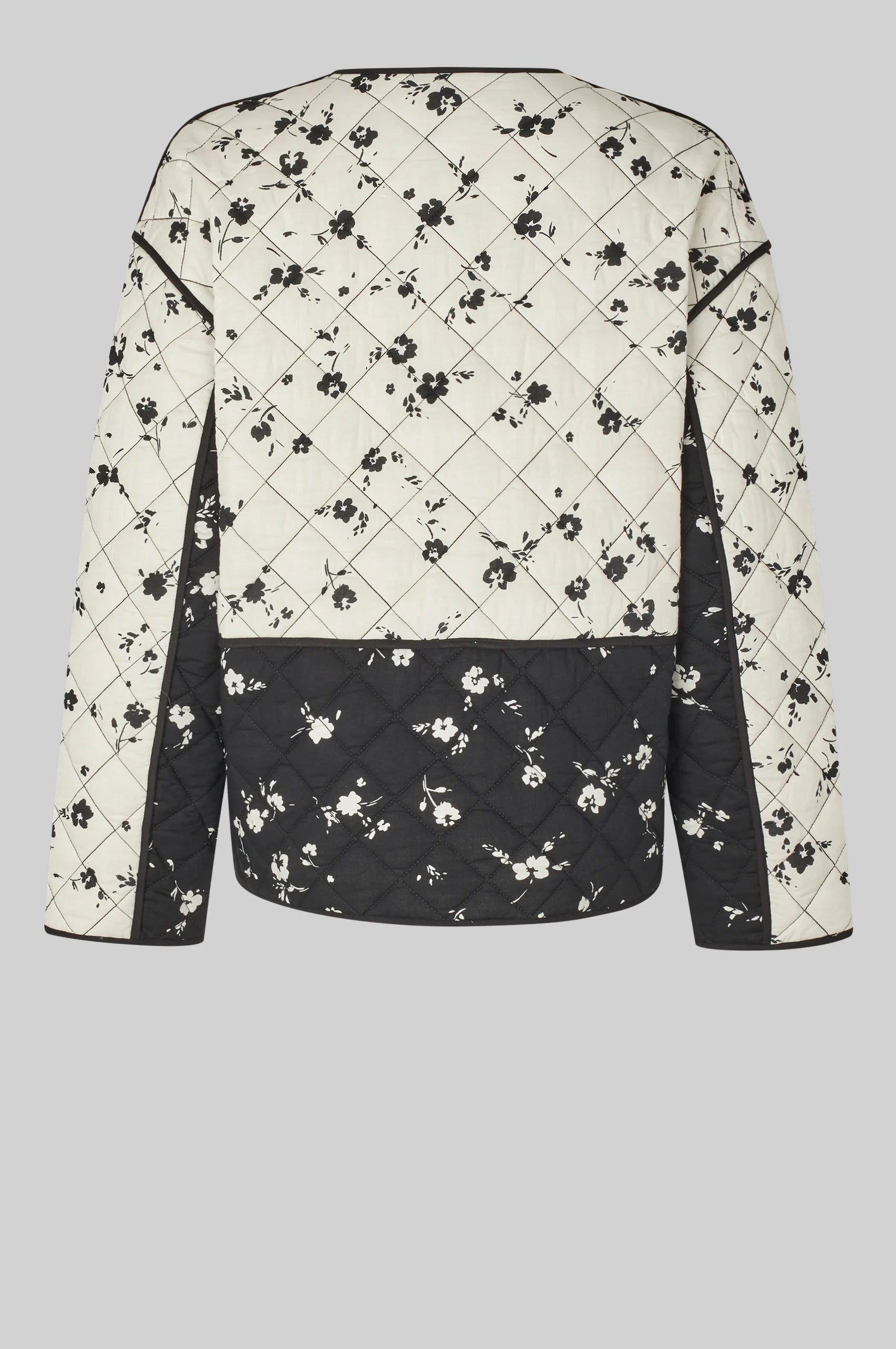 Quilted jacket with black floral pattern on a gray background