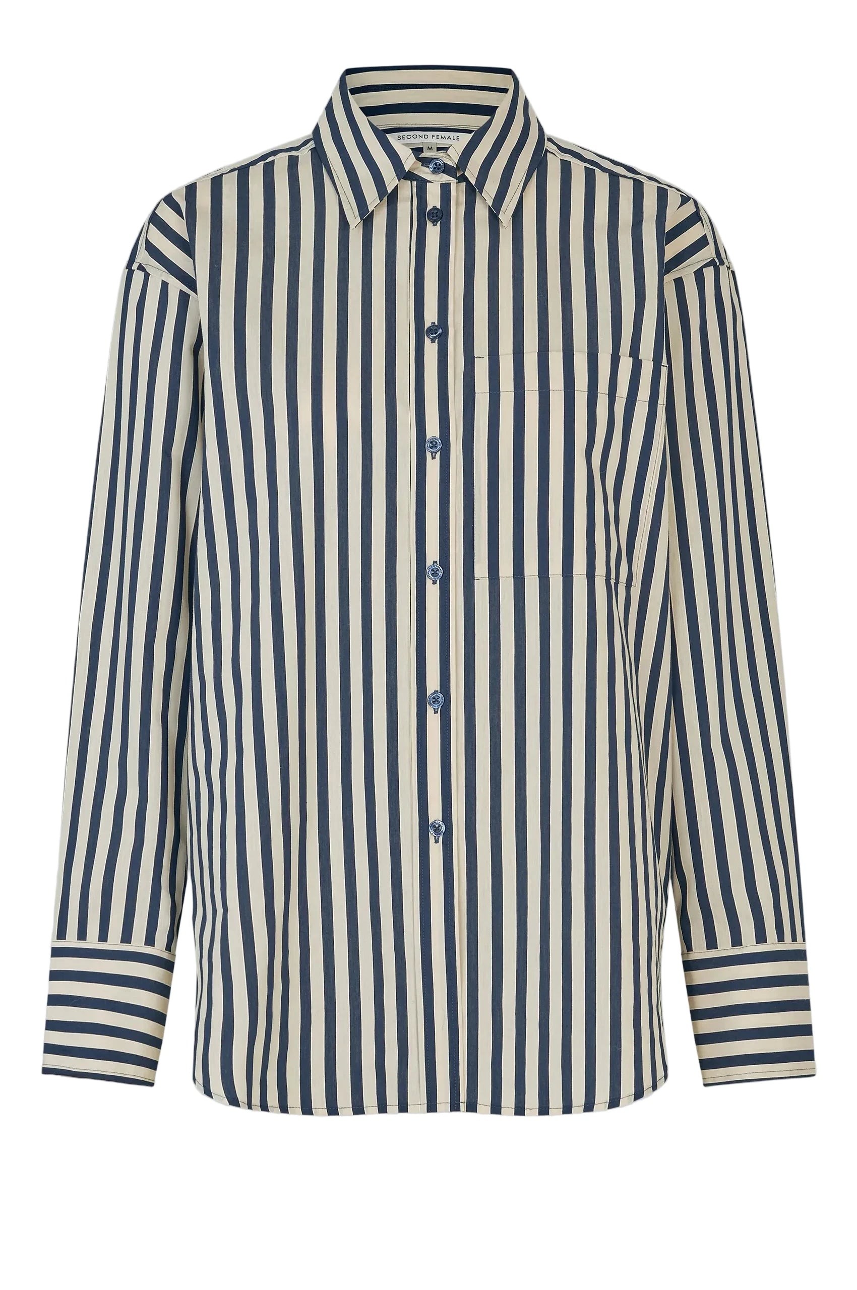 Navy and white striped shirt on a light gray background