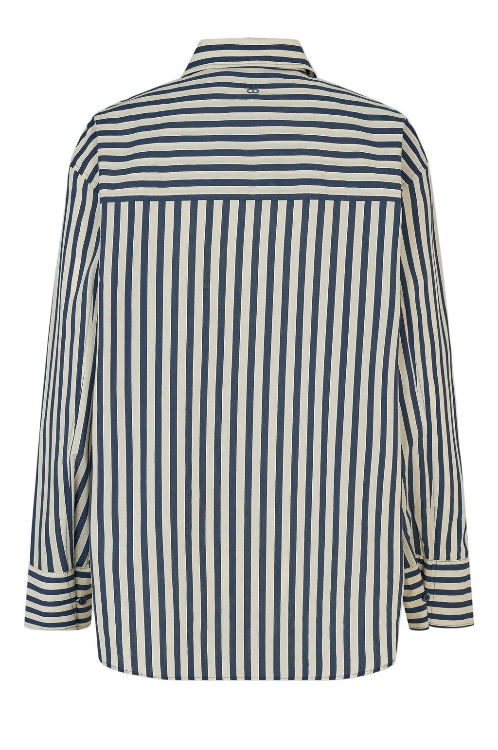 Navy and white striped shirt on a light gray background