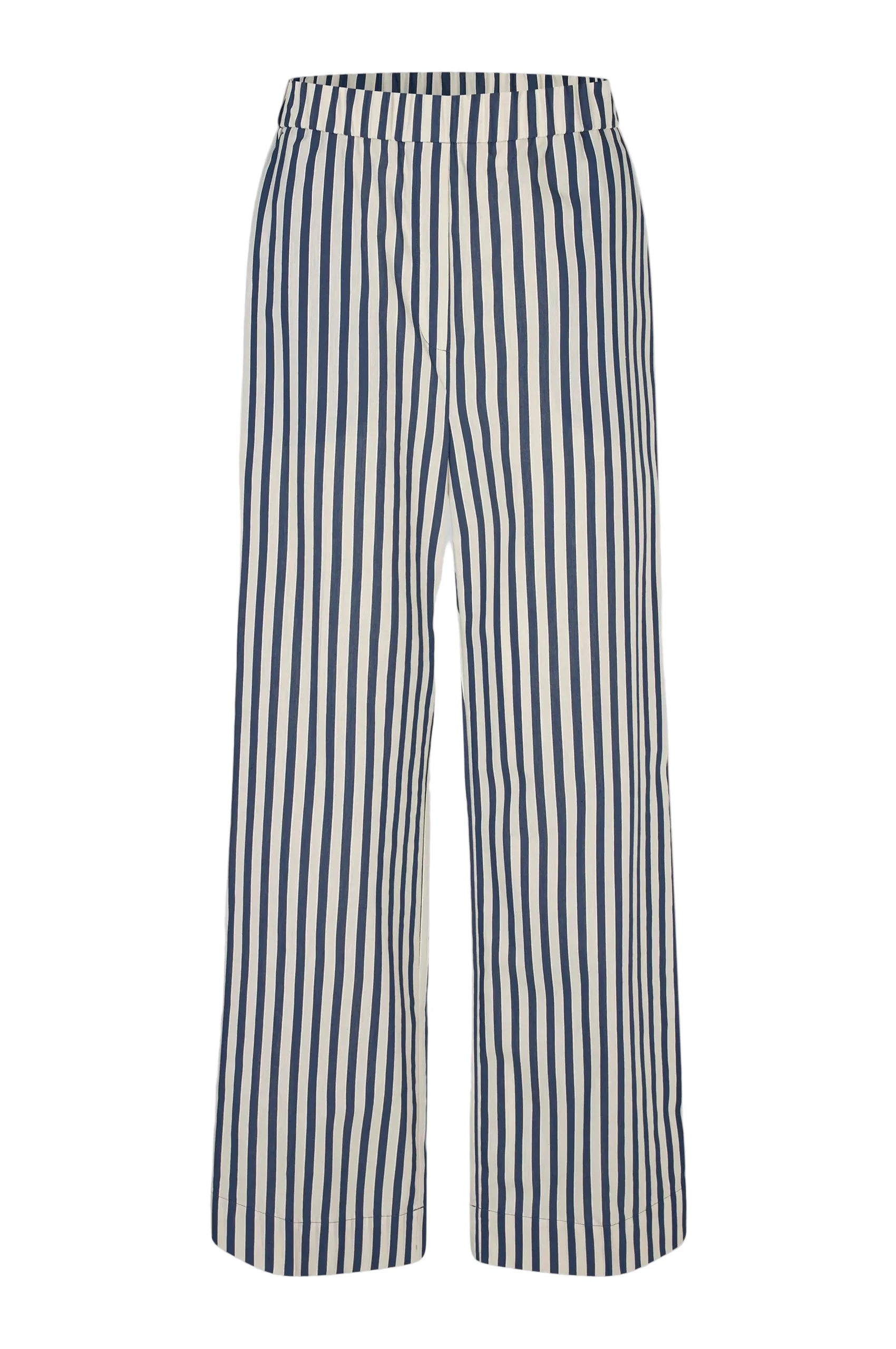 Navy and white striped pants on a light gray background