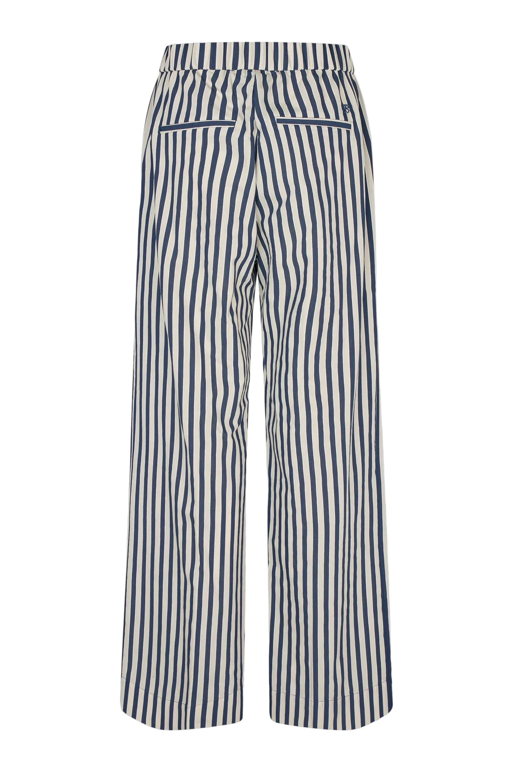 Navy and white striped pants on a light gray background