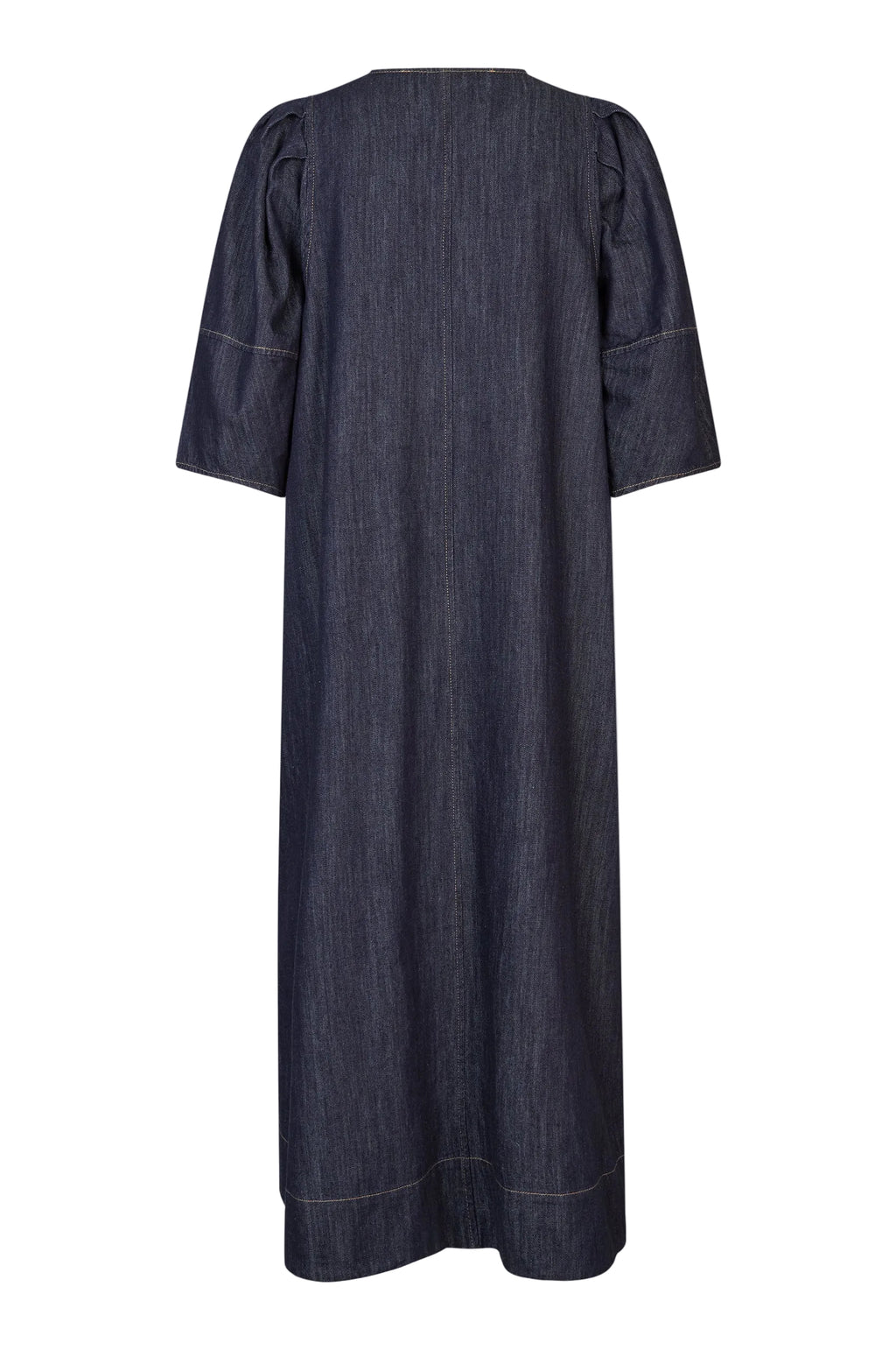Dark denim dress with puffed sleeves on a light gray background