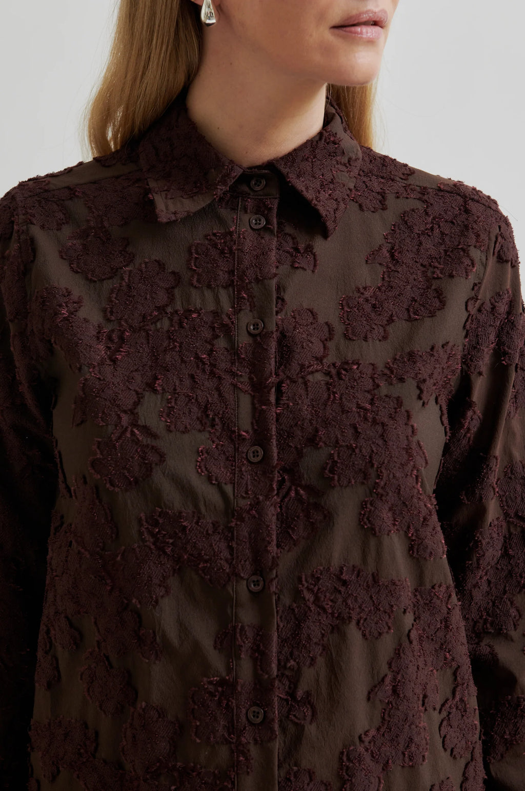 Brown lace blouse worn by a person on a white background