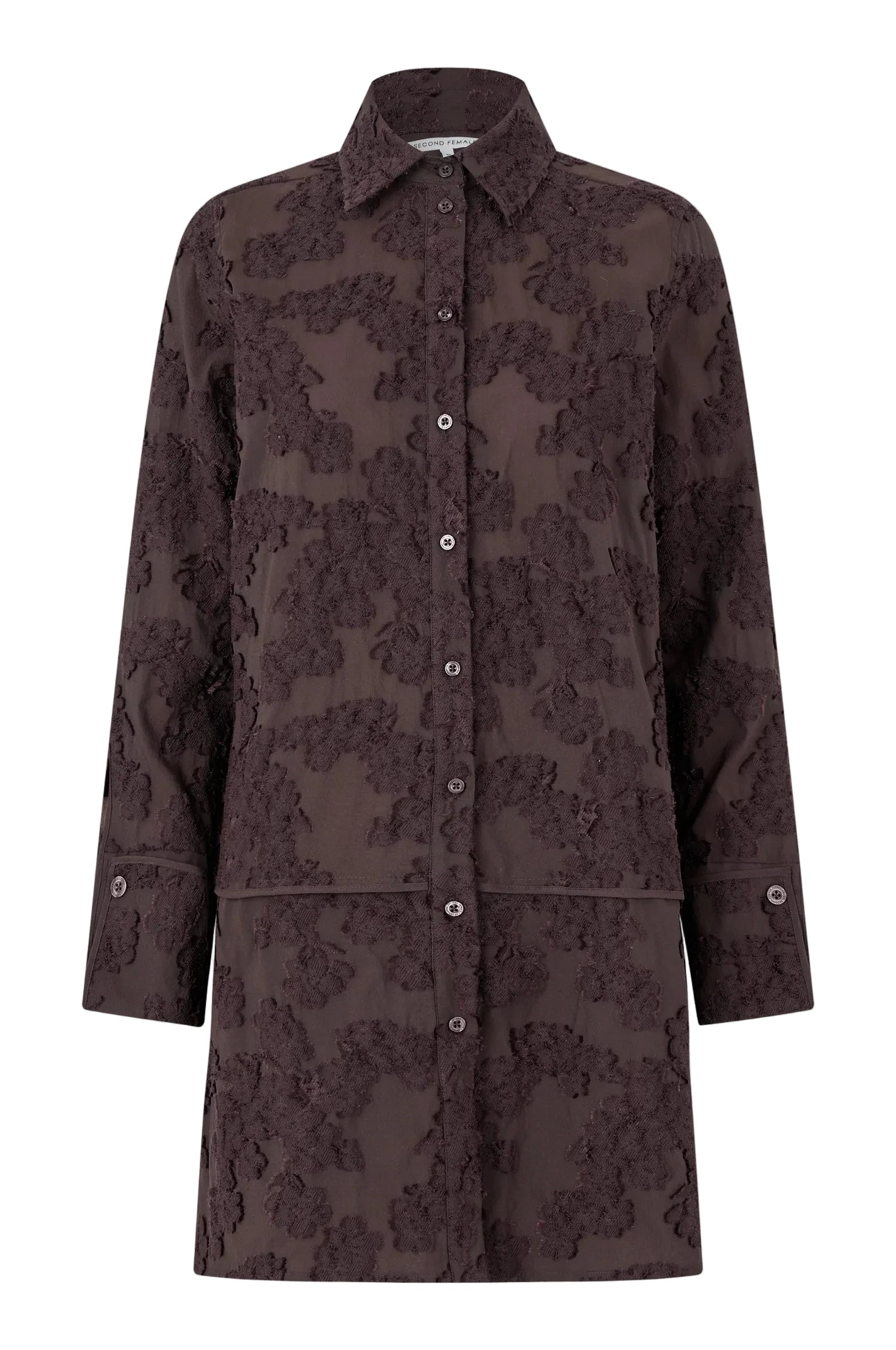 Brown floral patterned coat on a light gray background