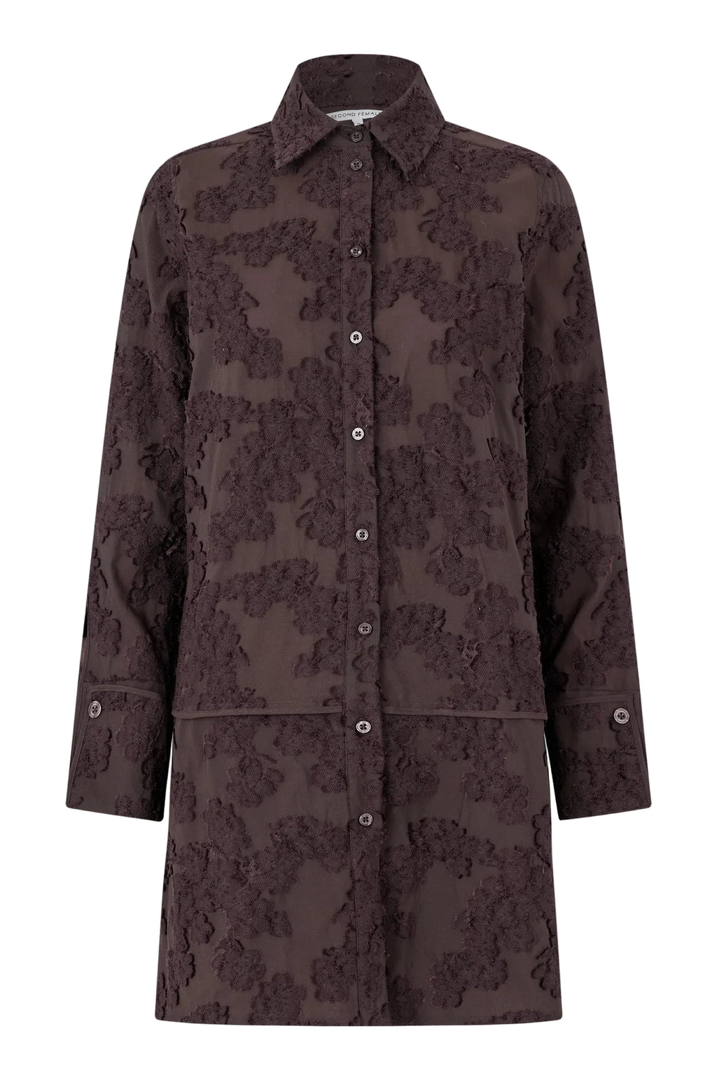 Brown floral patterned coat on a light gray background