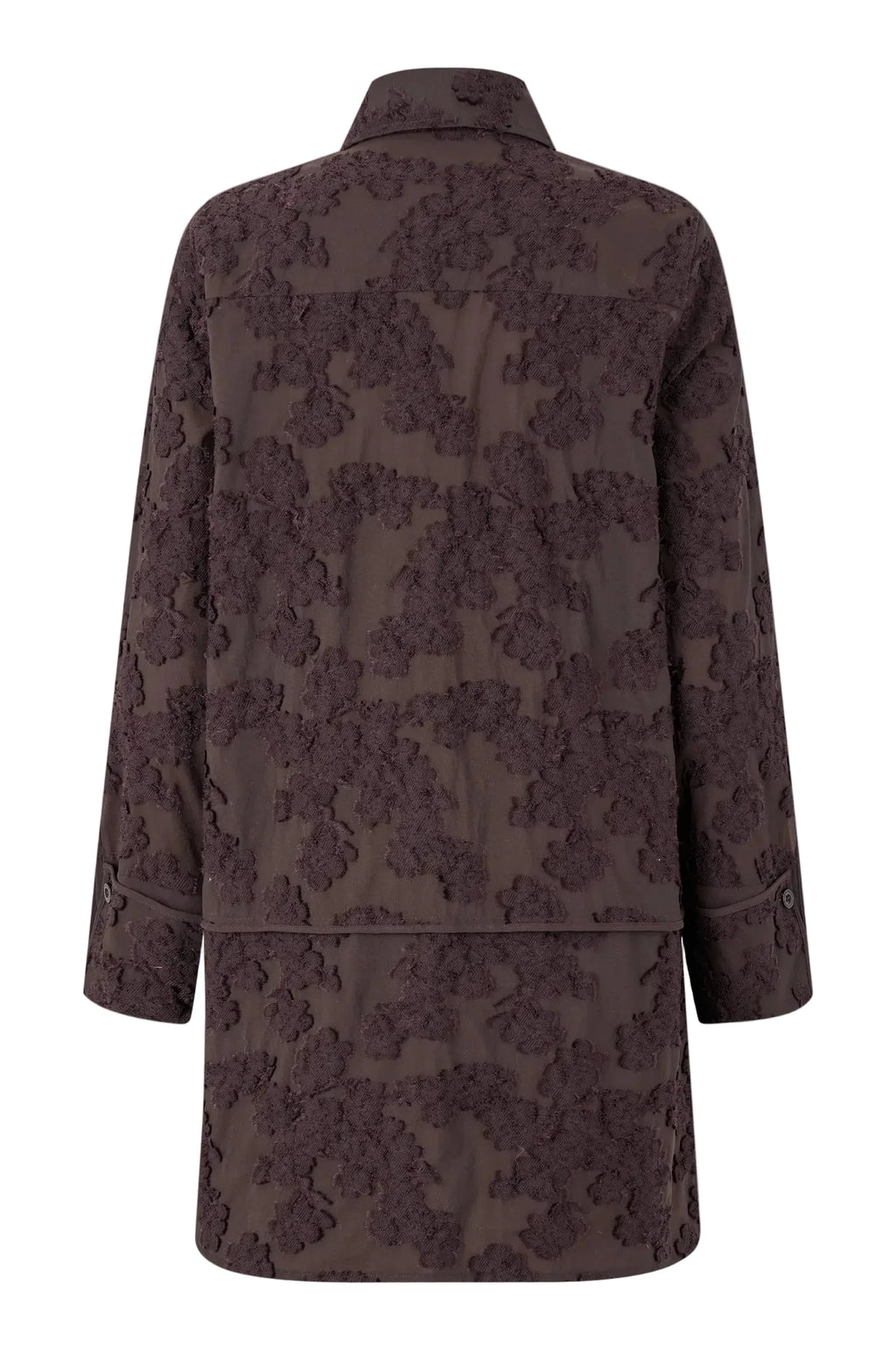 chocolate brown floral patterned dress shirt on a light gray background