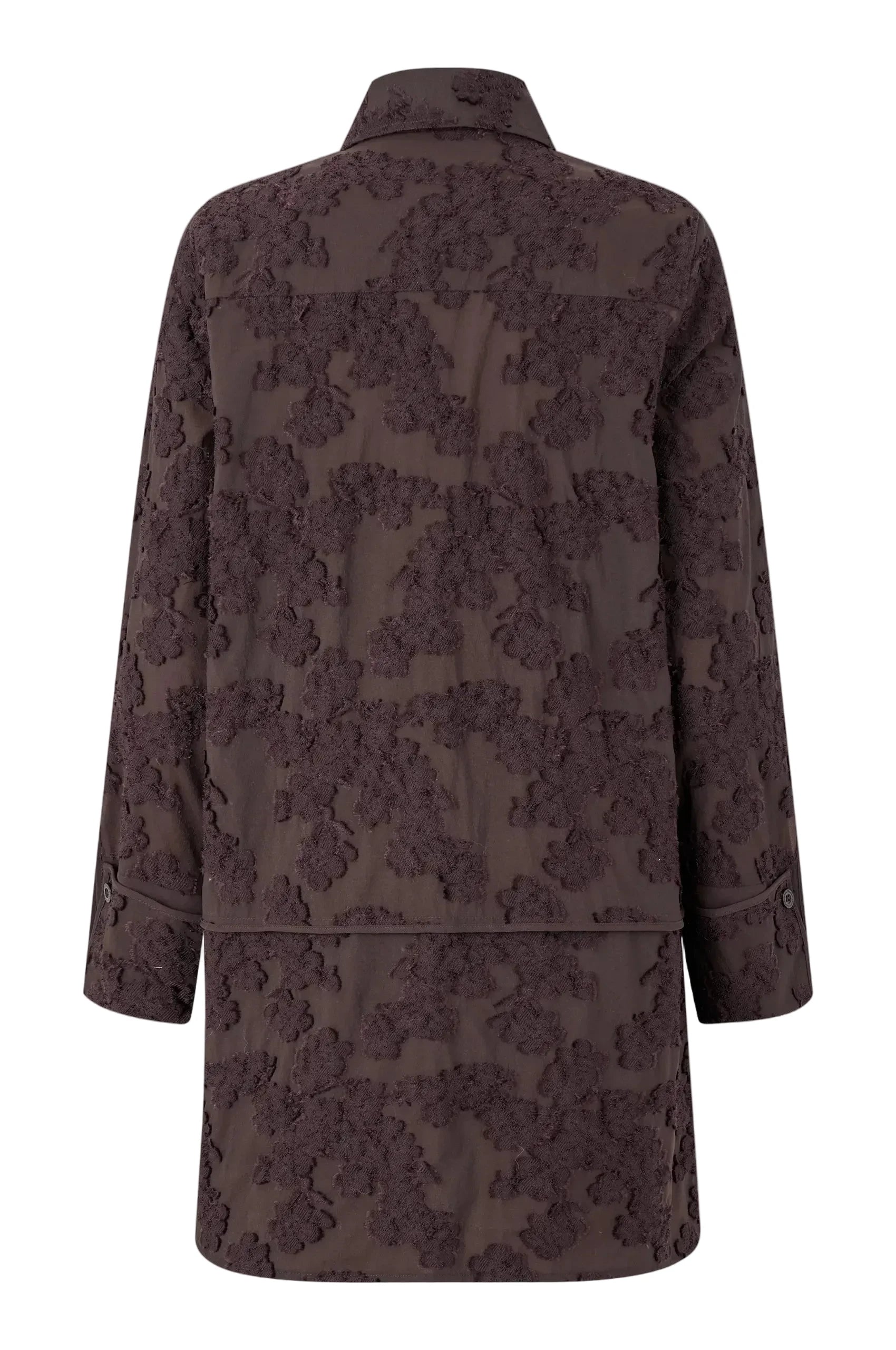 chocolate brown floral patterned dress shirt on a light gray background