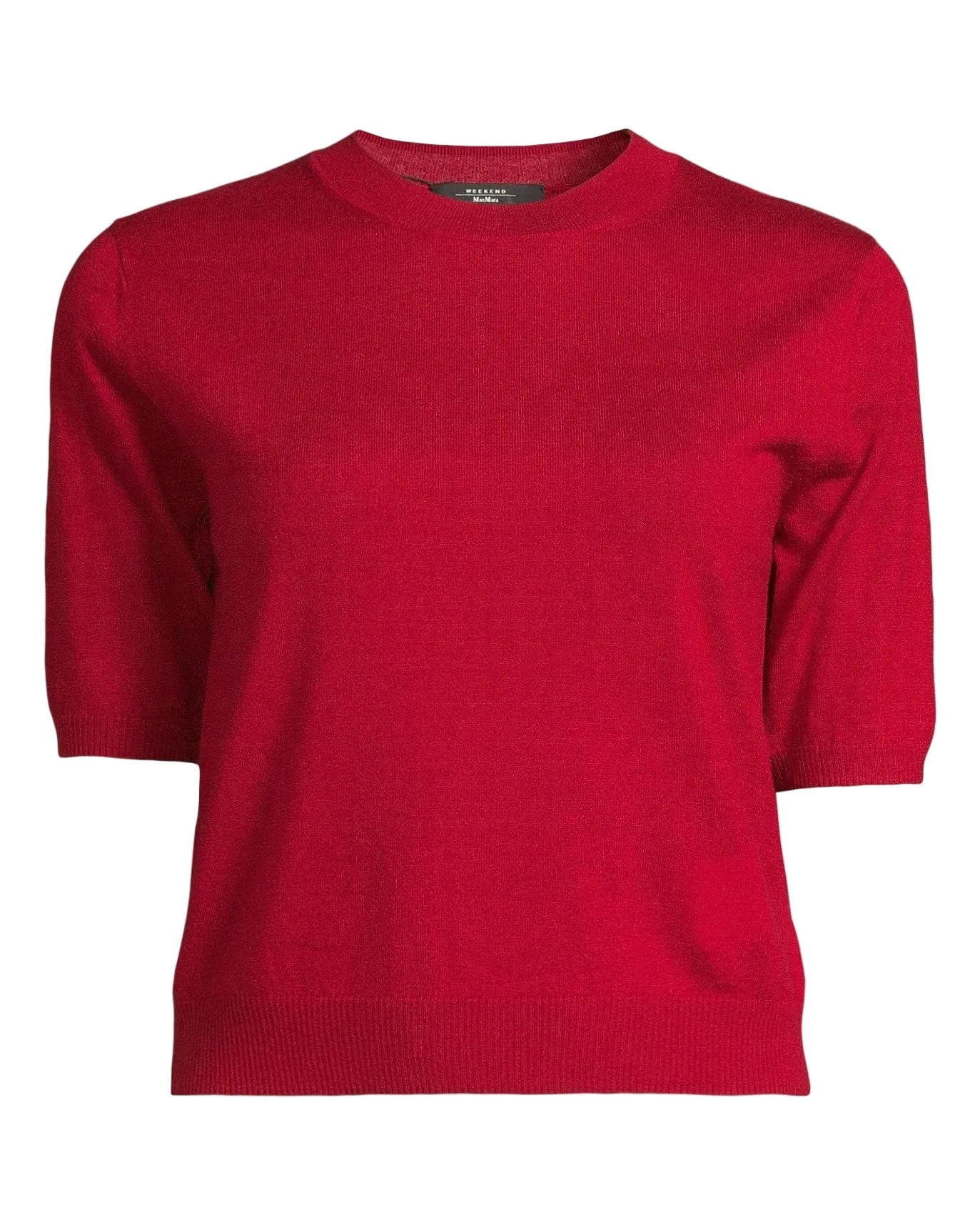 Red sweater with a brand label on a white background. weekend max mara marea