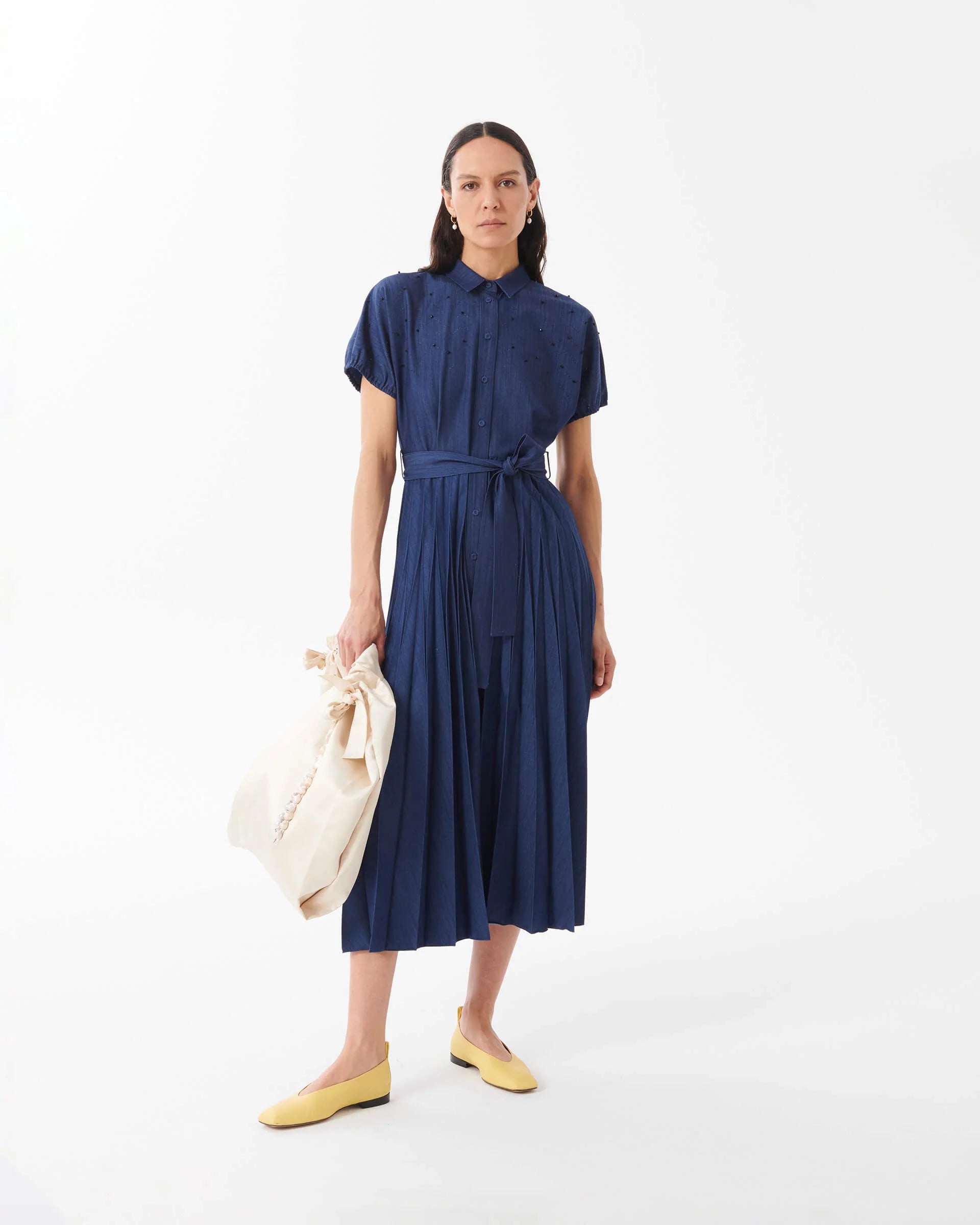 Estella Pleated and Hand Embroidery Denim Dress