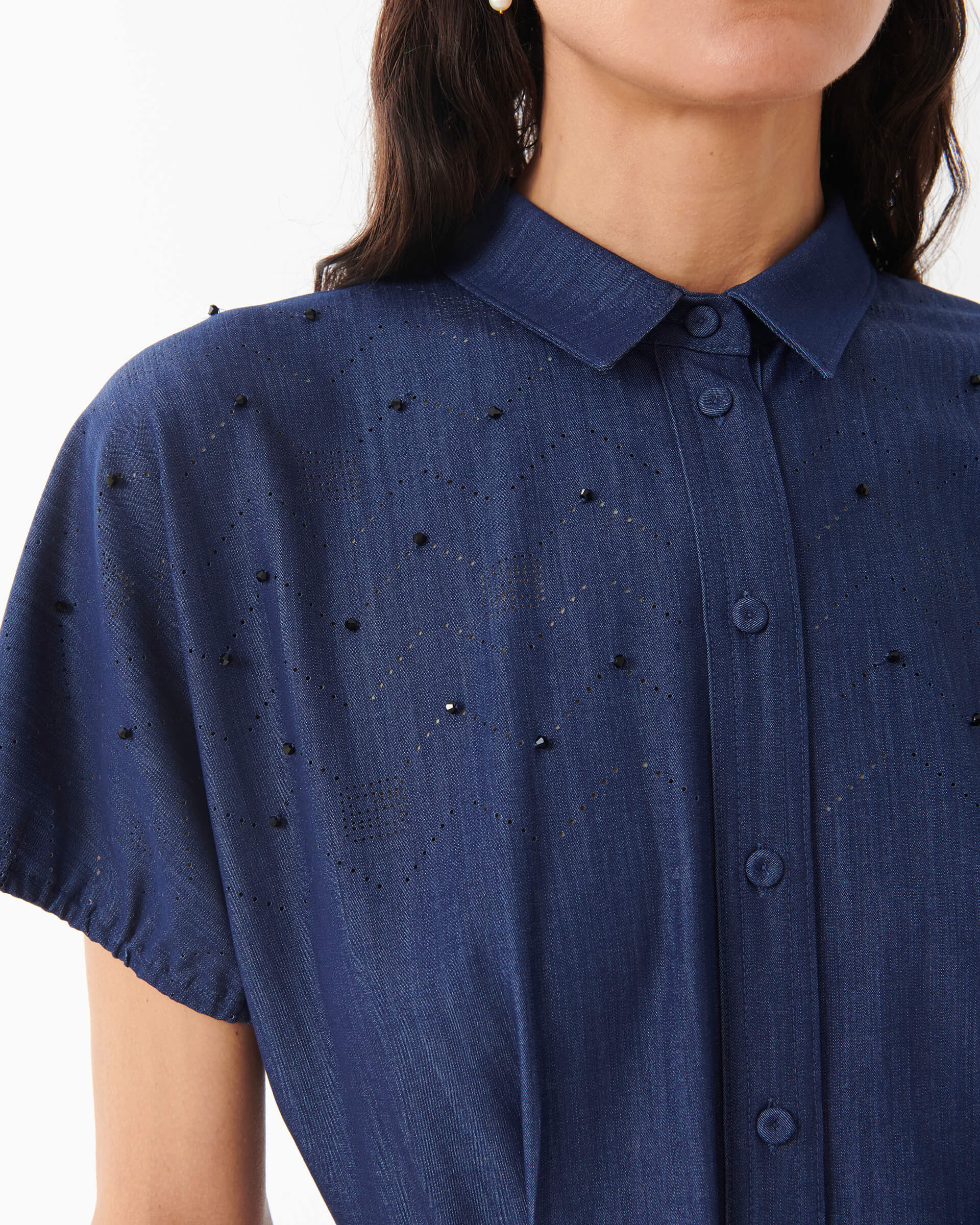 Estella Pleated and Hand Embroidery Denim Dress
