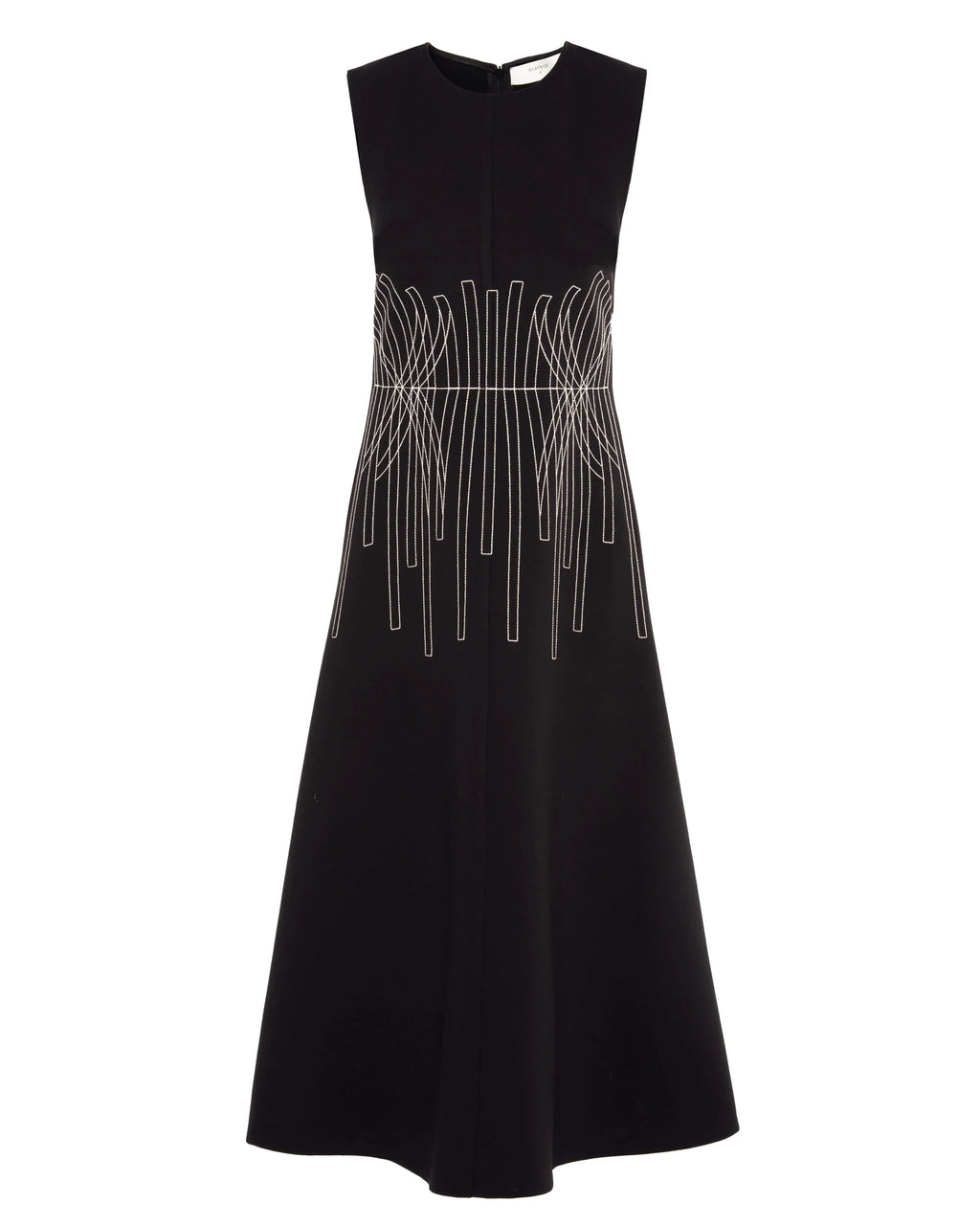 Black dress with silver geometric embroidery on a white background