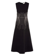 Black dress with silver geometric embroidery on a white background