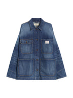 Blue denim jacket on a light gray background