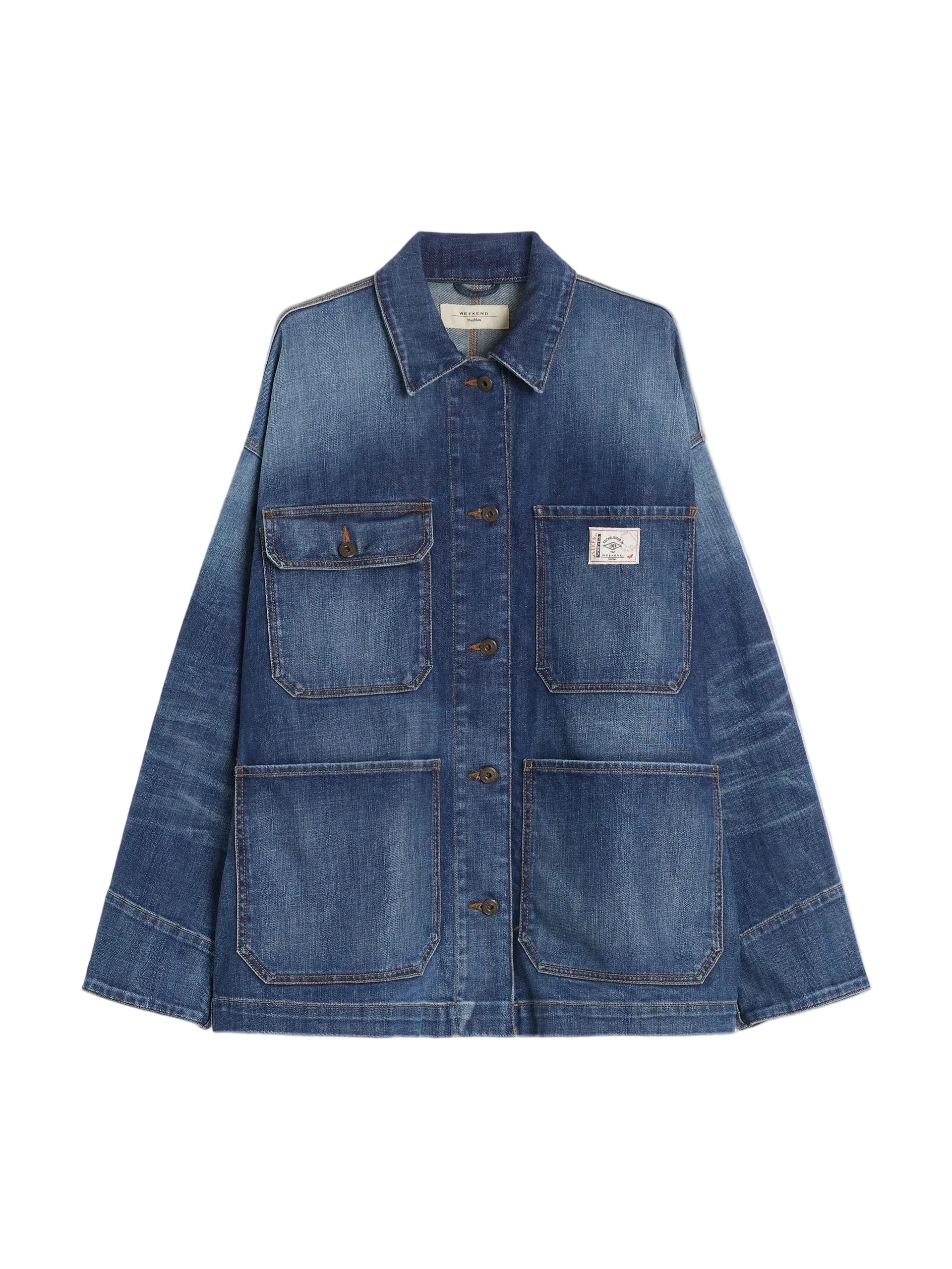 Blue denim jacket on a light gray background