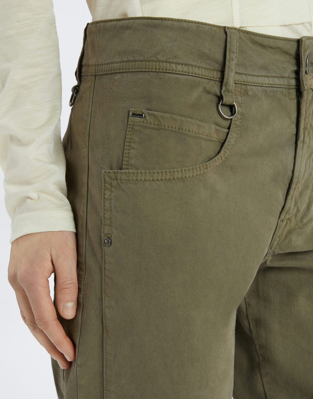 Close-up of olive green pants with a plain background