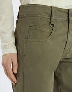 Close-up of olive green pants with a plain background