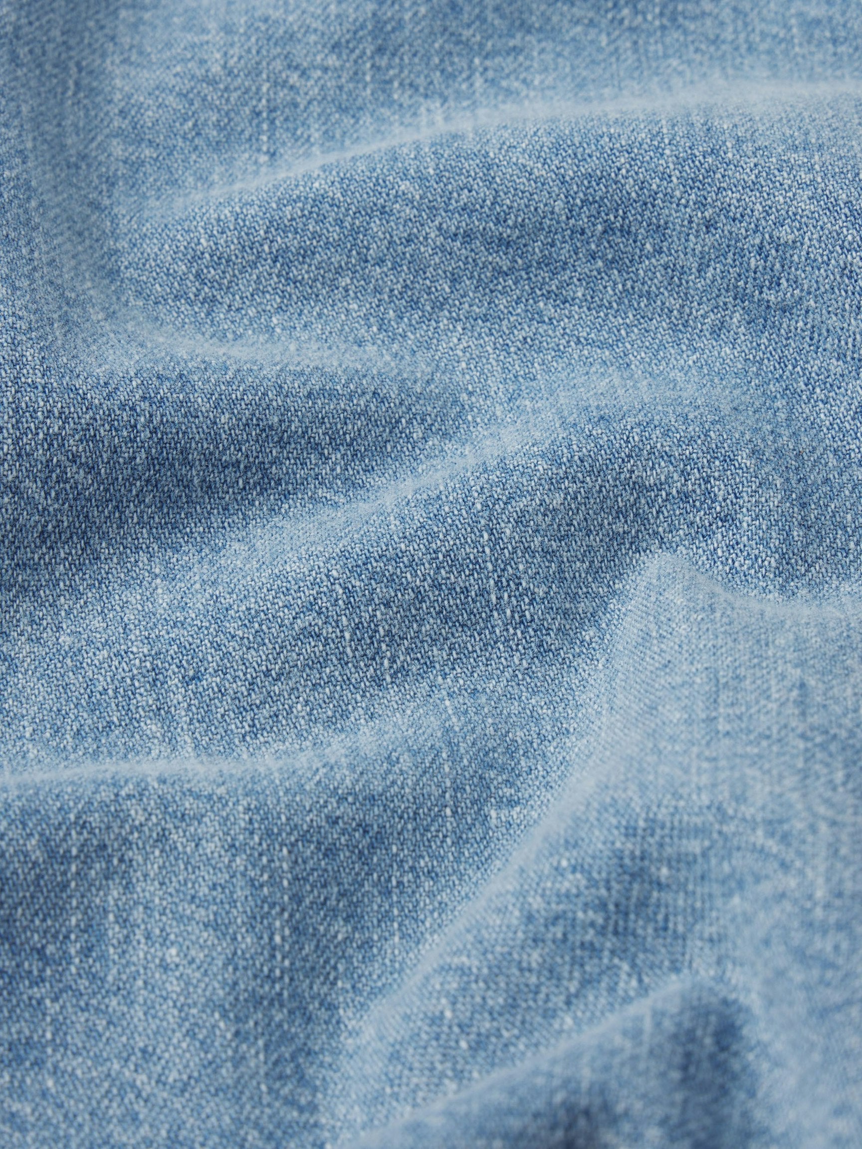 Close-up of blue denim fabric with visible texture