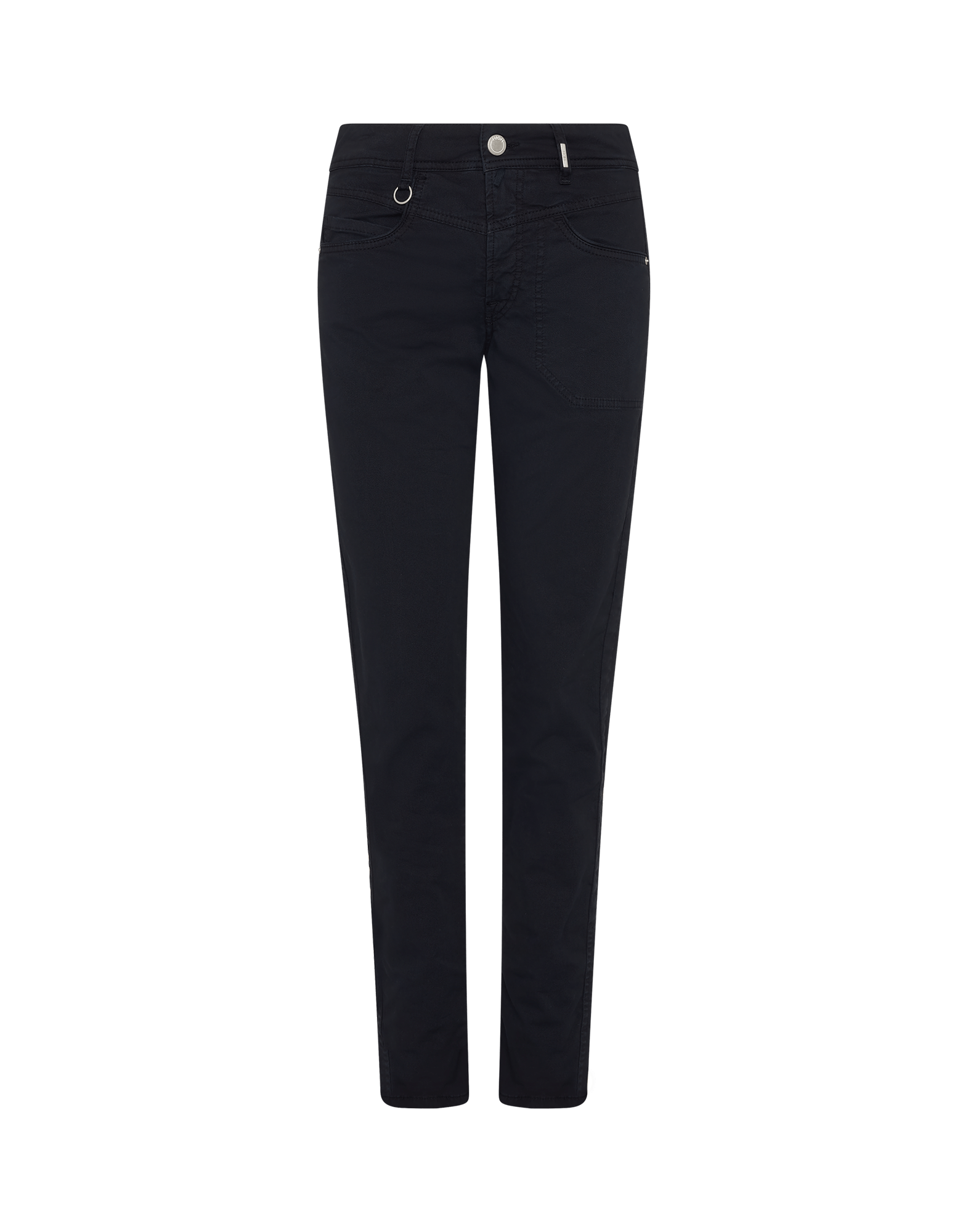 A pair of slim leg blue jeans with a fixed waistband, belt loops, and silver metal button detailing on the fly front. The pants have a V-shape hip yoke and curved ticket pocket on the outside leg.