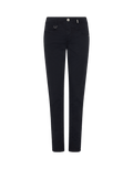 A pair of slim leg blue jeans with a fixed waistband, belt loops, and silver metal button detailing on the fly front. The pants have a V-shape hip yoke and curved ticket pocket on the outside leg.