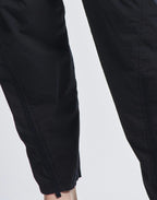 Close-up of black pants on a light gray background