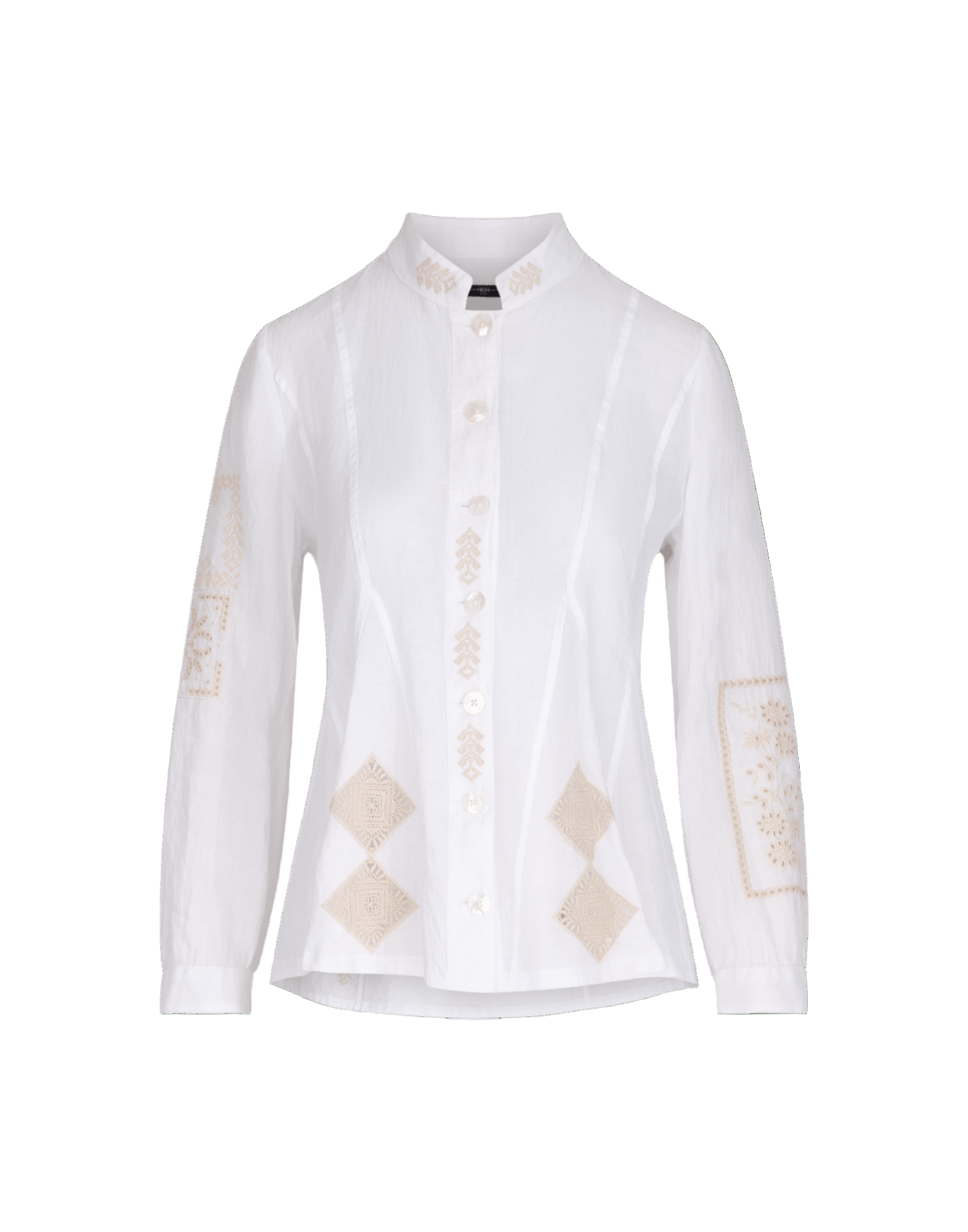 White shirt with beige diamond patterns on a WHITE background