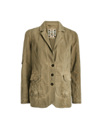 Brown jacket with decorative patch on a green background