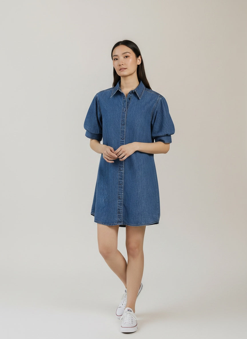 Woman wearing a blue denim dress against a plain background. Antonia play denim dress