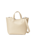 A white, small shopper handbag with double stitched seams, self-leather handles, and a magnetic fastener, branded with a circular HIGH logo on the outside.