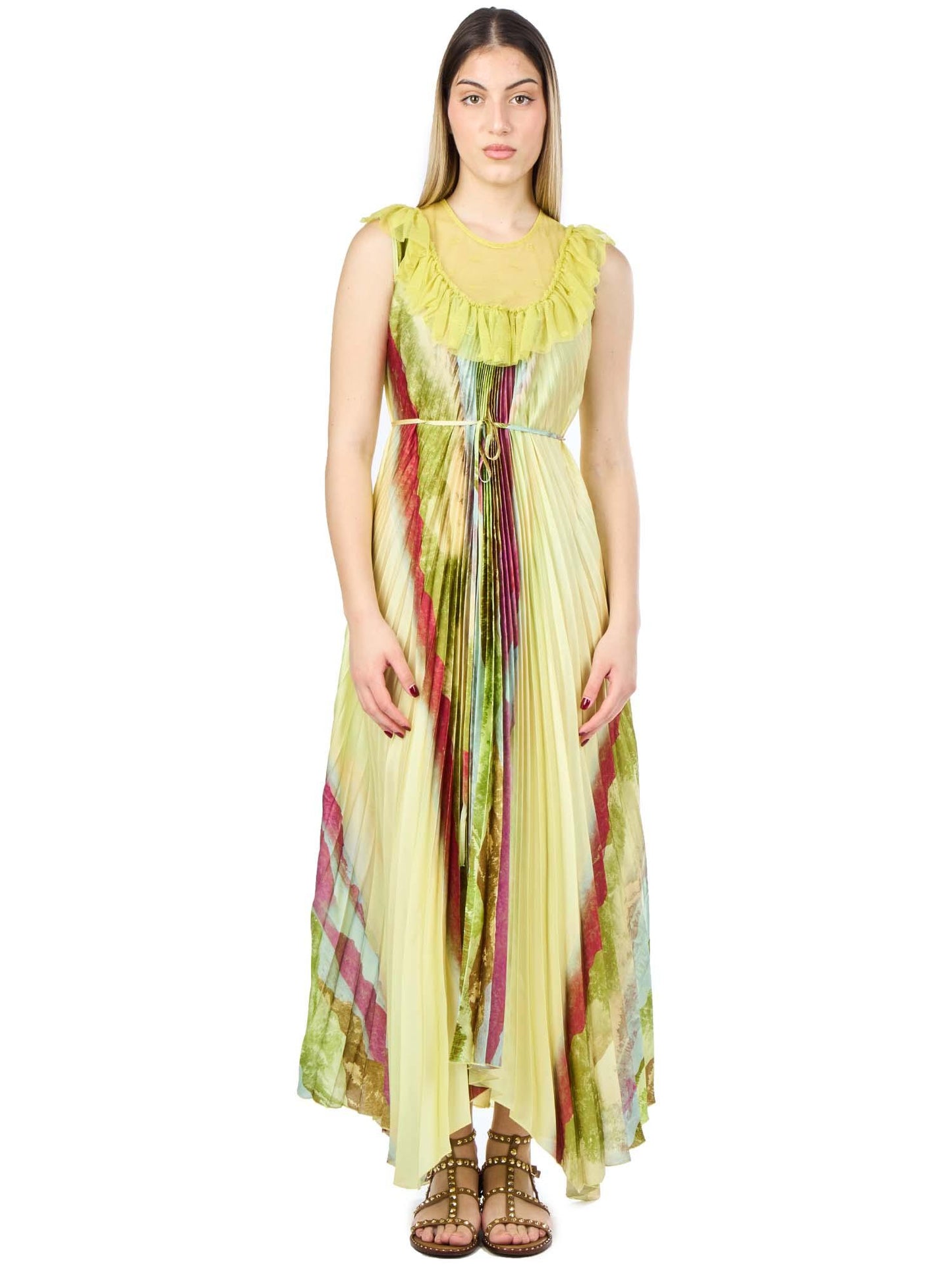 SS24 Beatrice b - Pleated Printed Dress with Waist Tie 6274