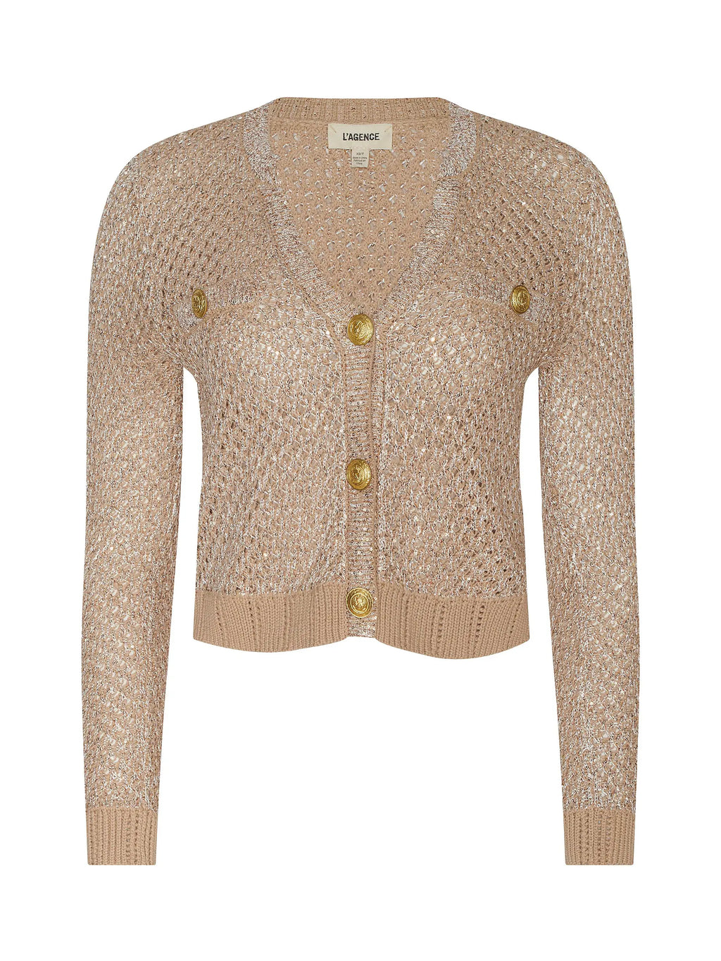 Beige knitted cardigan with gold buttons on a white background