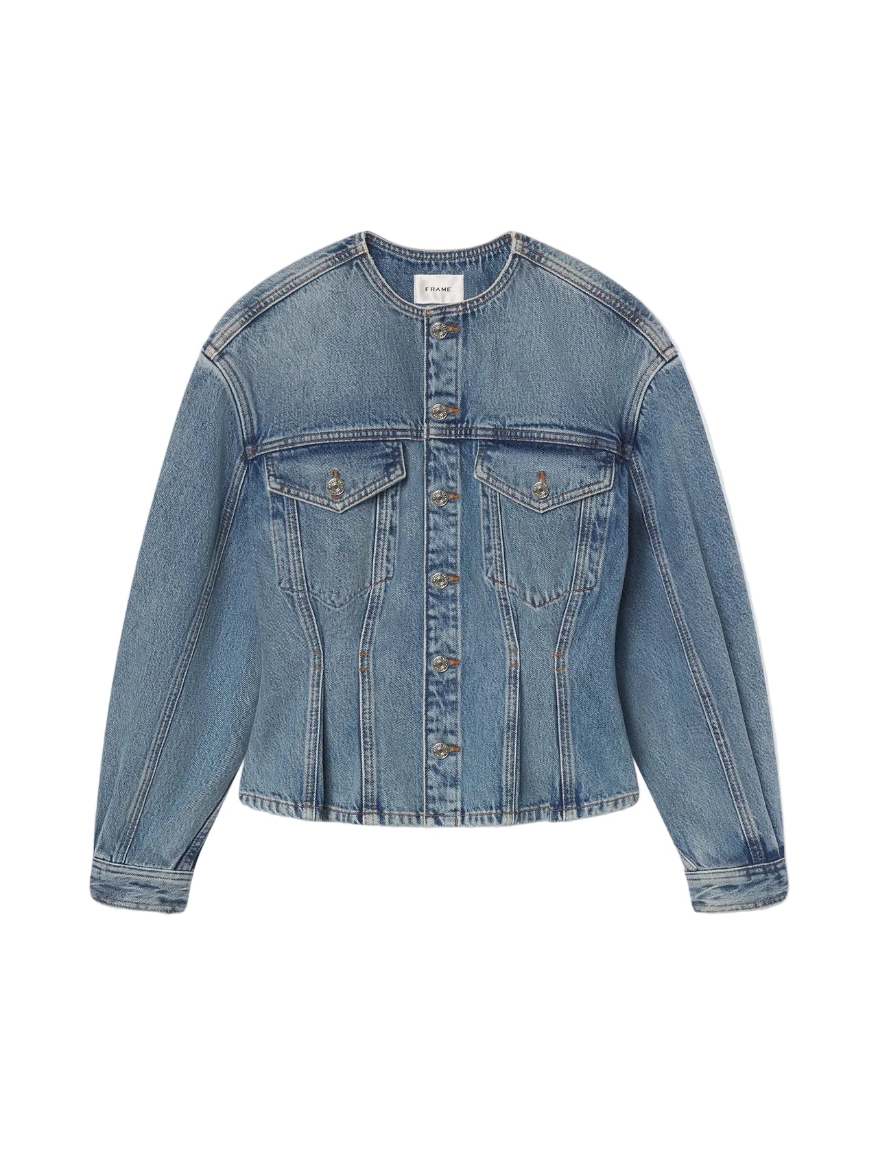 FRAME DENIM Blue denim jacket on a white background