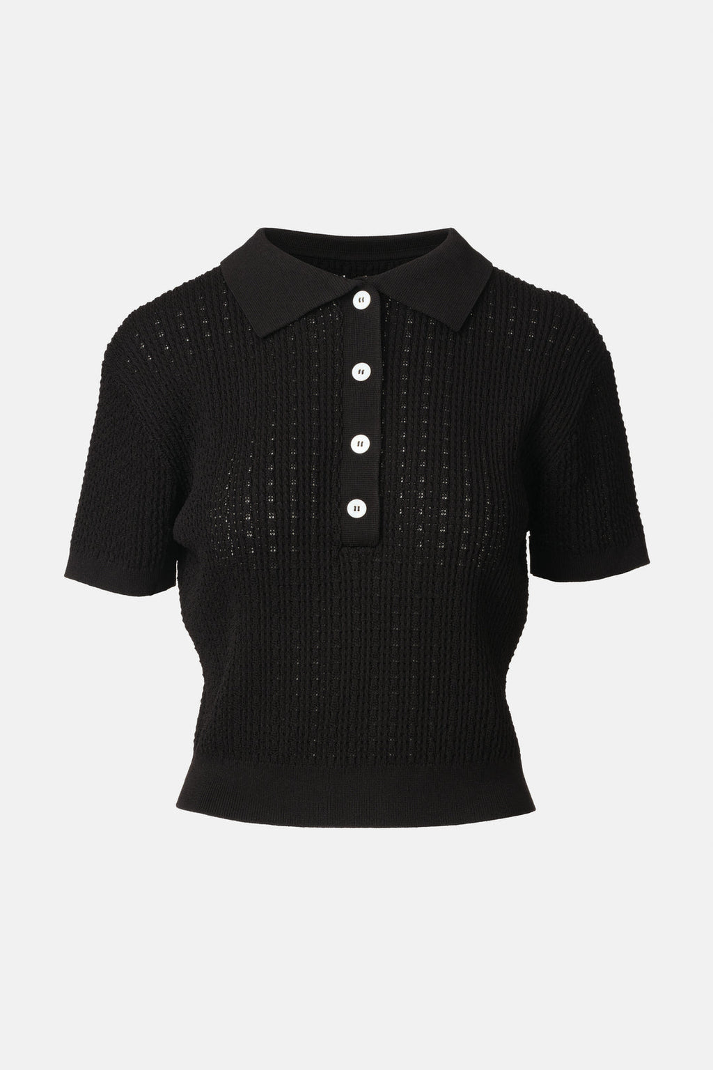 on parks black polo shirt with a collar, button-up neck, and short sleeves.