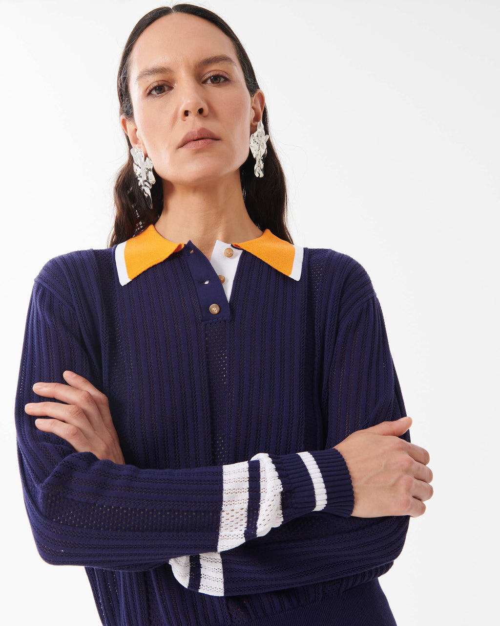 Talitha Perforated Silk Blend Polo with Contrasting accents