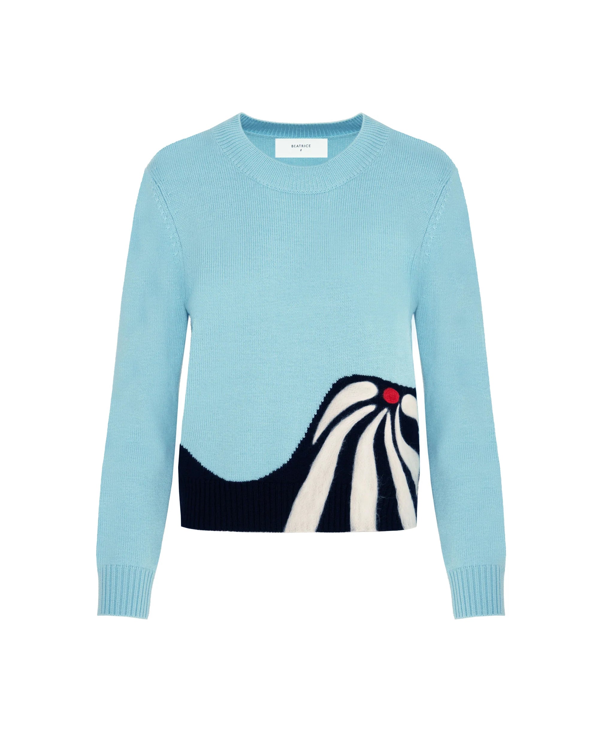Light blue sweater with a zebra design on a white background