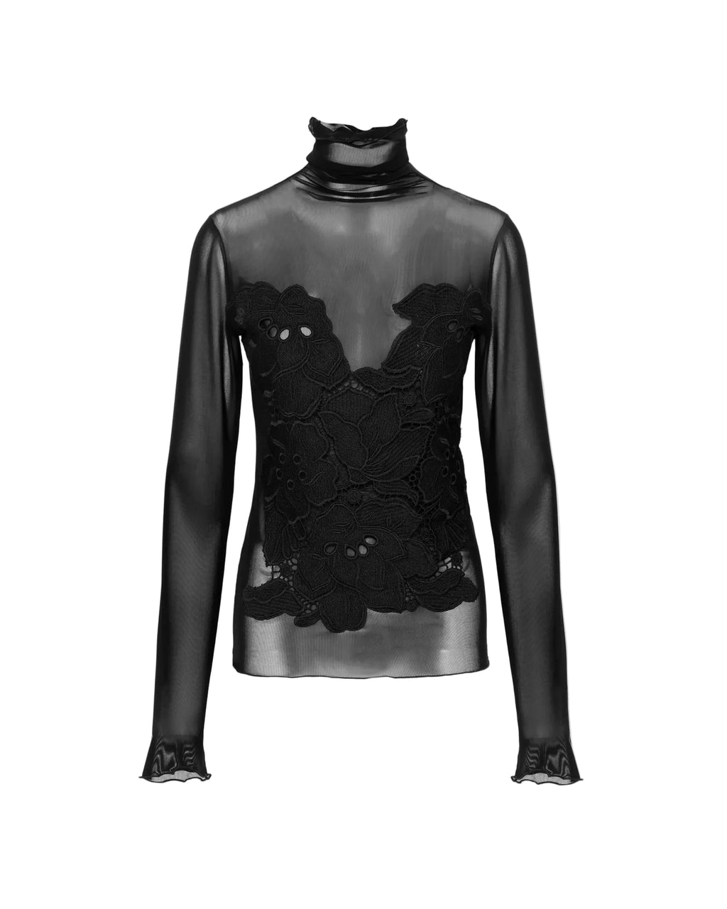 Black sheer long-sleeve top with lace details on a white background