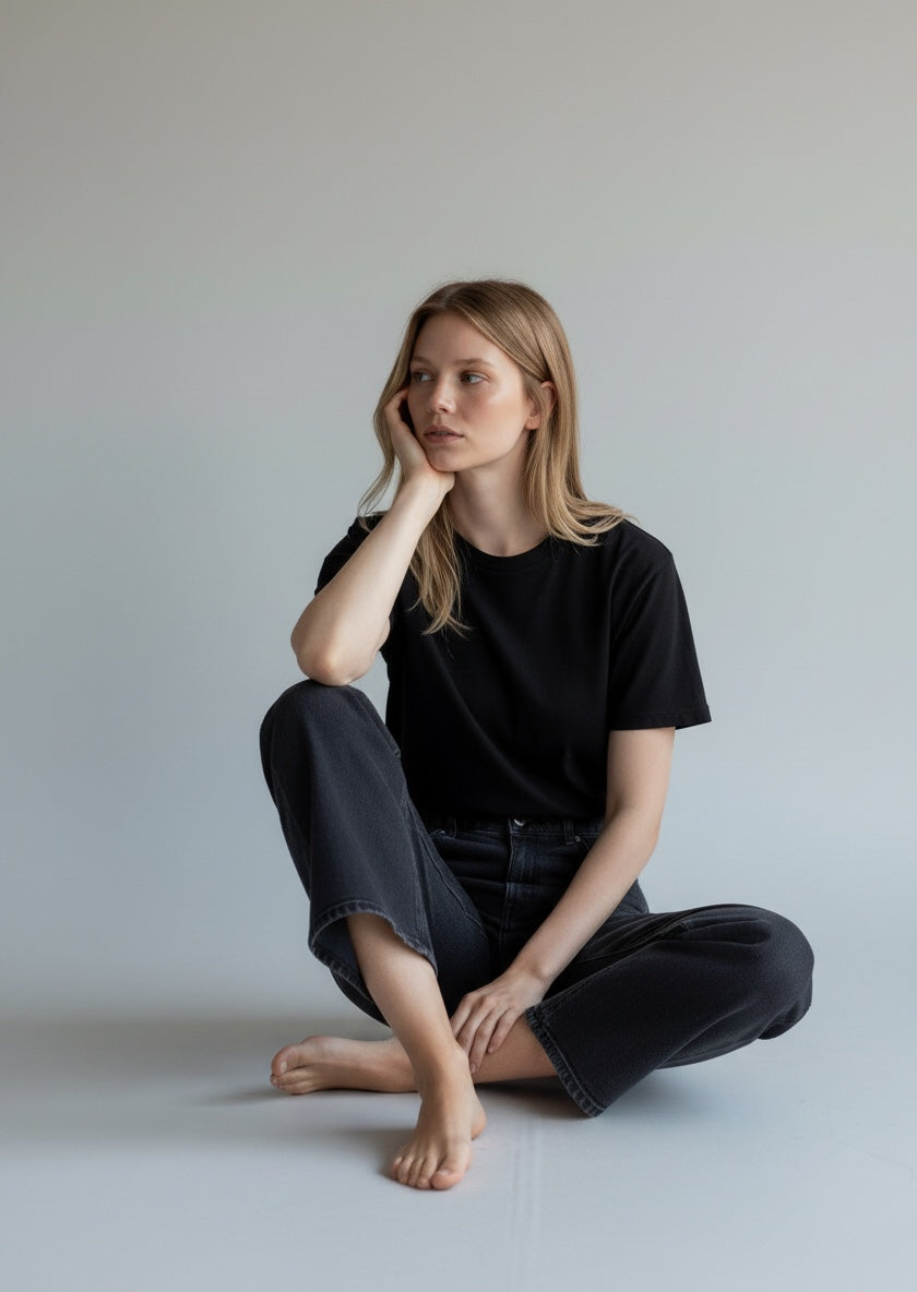 Woman sitting on the floor wearing a black t-shirt and dark pants against a plain background