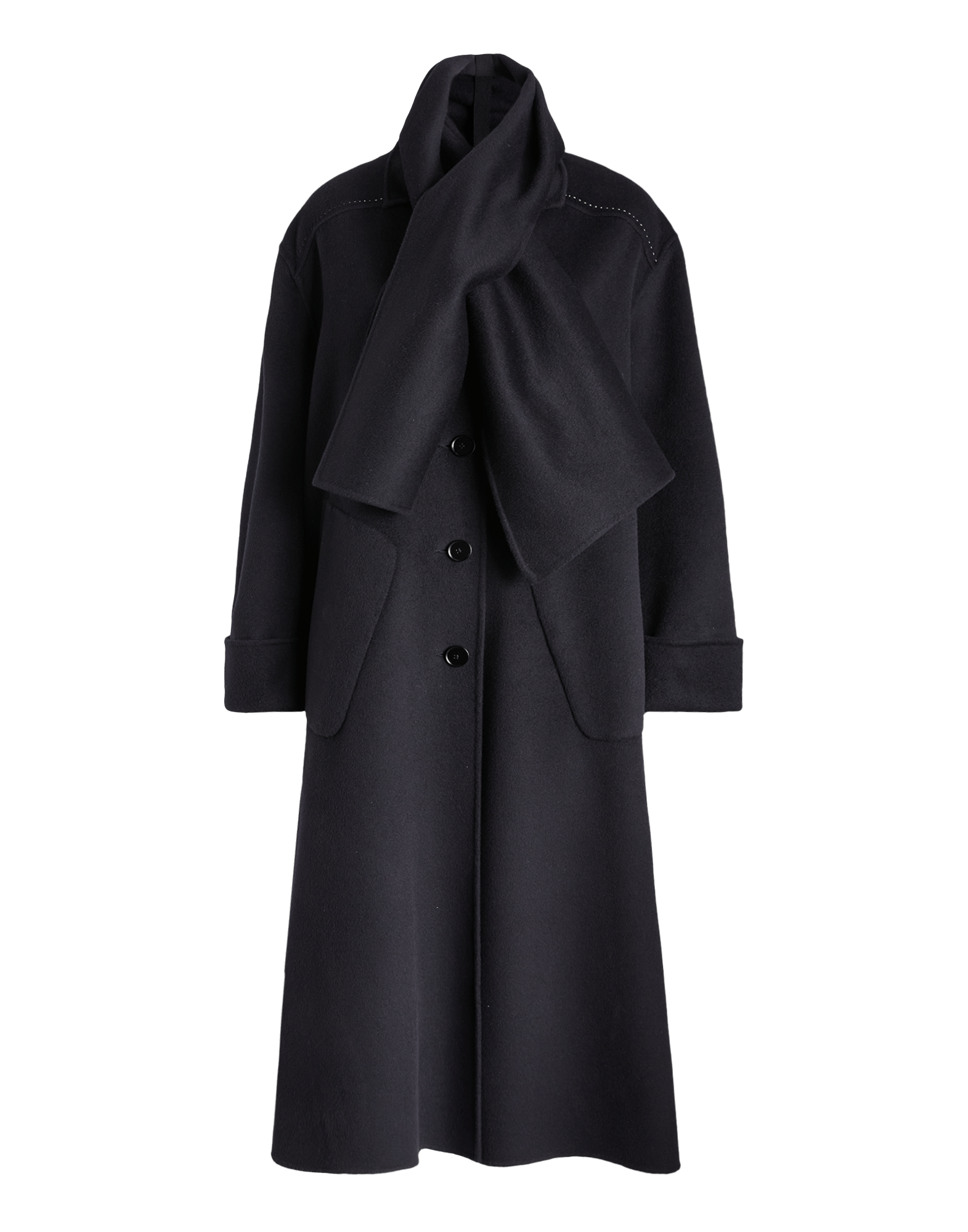 Black coat with a draped design on a transparent background