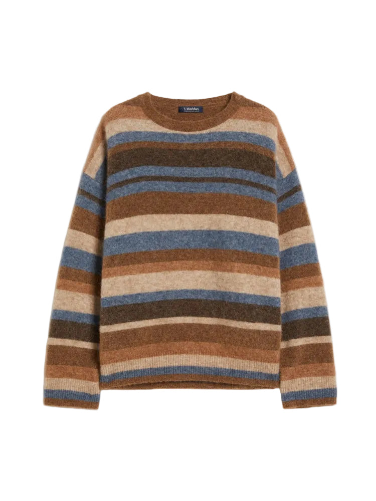 Striped sweater with brown, blue, and beige colors on a white background
