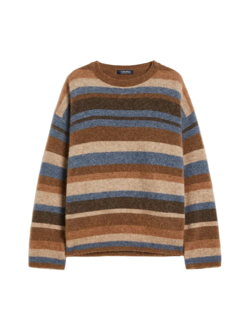 Striped sweater with brown, blue, and beige colors on a white background