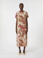 Woman wearing a floral dress on a white background